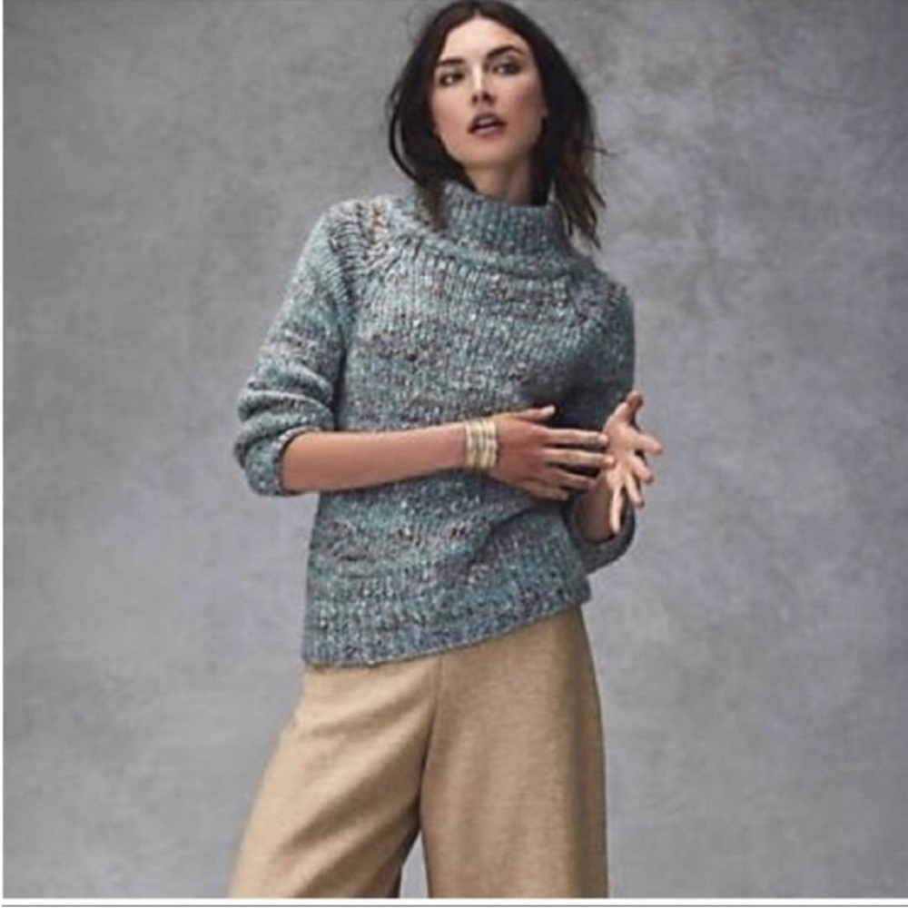 Anthropologie Moth Blue Alpaca Marled Chunky Knit Funnel Mockneck Sweater Size S